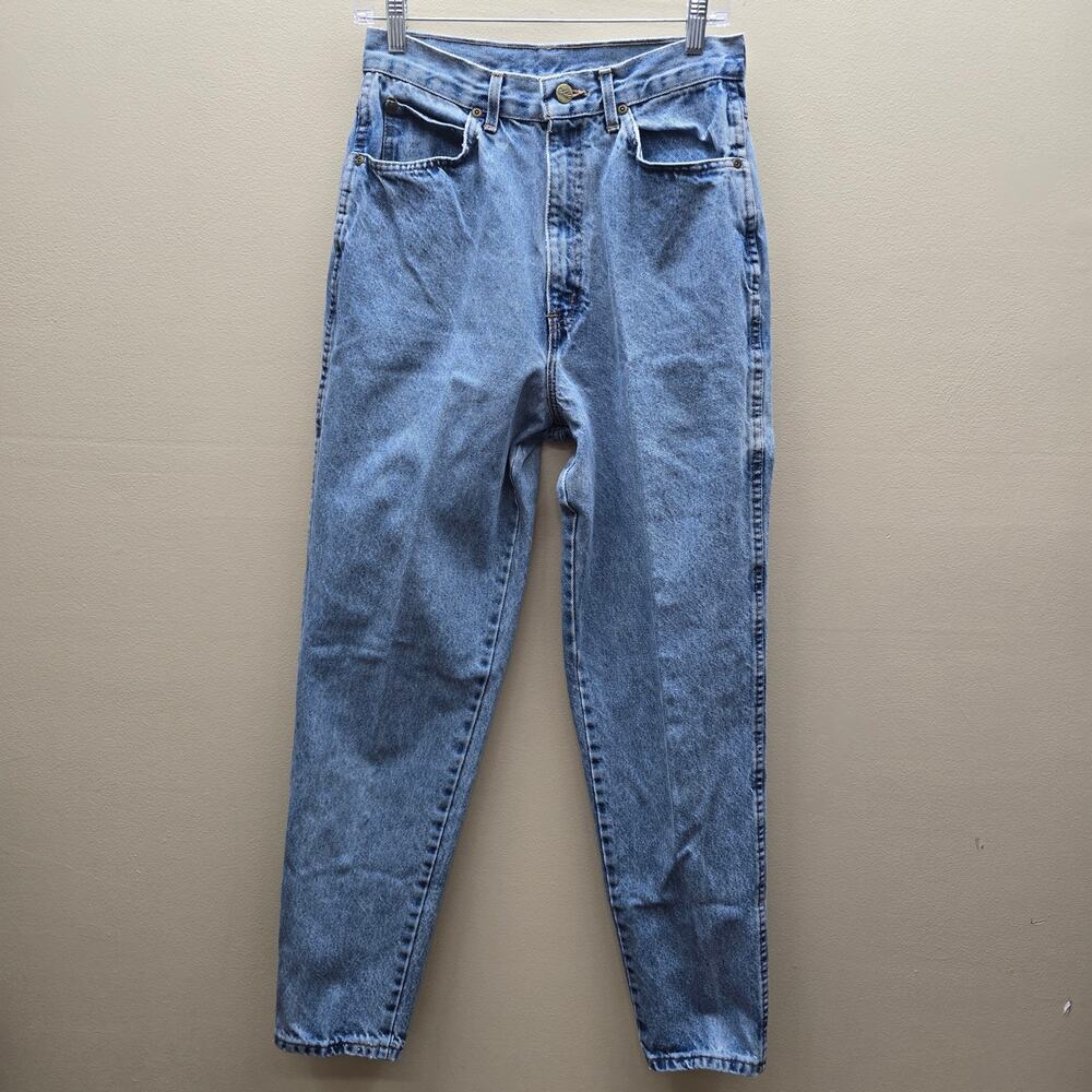 Vintage Chic Mom Jeans SZ 12 Tall High Rise Light Stone Wash Tapered Denim Blue